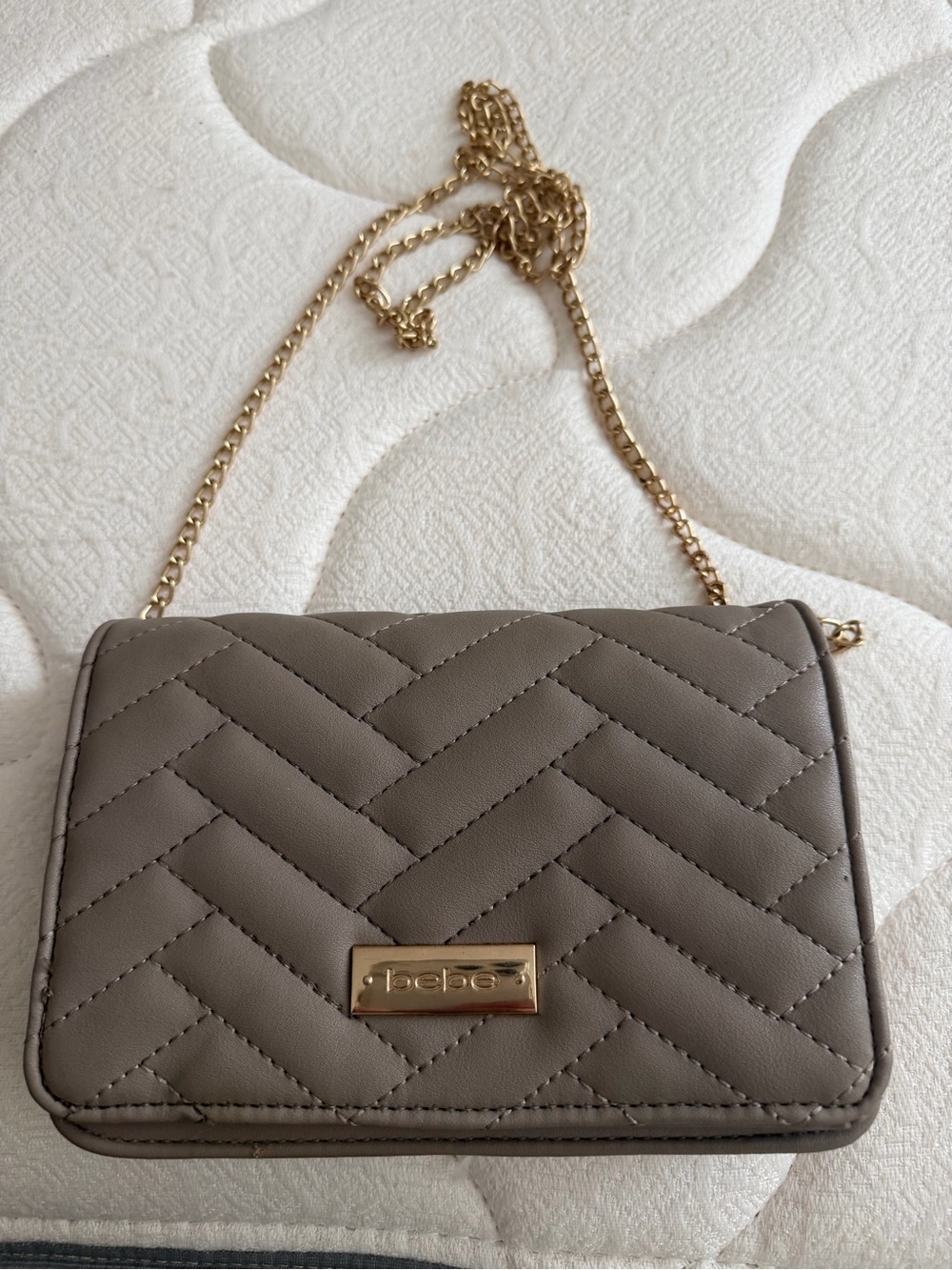 bebe Quilted Chain Shoulder Bag in Taupe Gray with Gold Hardware